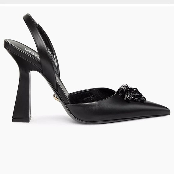 Versace Shoes - Versace Black Slingback Pointed Toe Heels with Medusa Chain